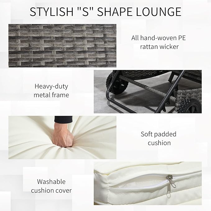 Outsunny Wicker Chaise Lounge Chair Outdoor PE Rattan Cushioned Patio Sun Lounger with 5-Level Adjustable Backrest & Wheels for Easy Movement, Cream White