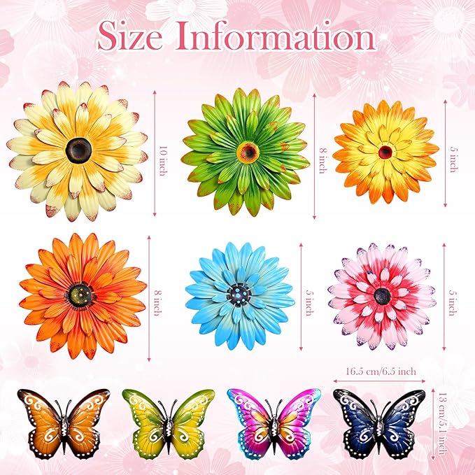 Gisafai 10 Pack Metal Flowers Wall Art Decor Outdoor, 3D 6 Pcs Daisy Flowers 4 Pcs Butterfly Metal Wall Art Fence Hanging for Fence, Patio, Garden, Backyard, Lawn, Balcony(Classic)
