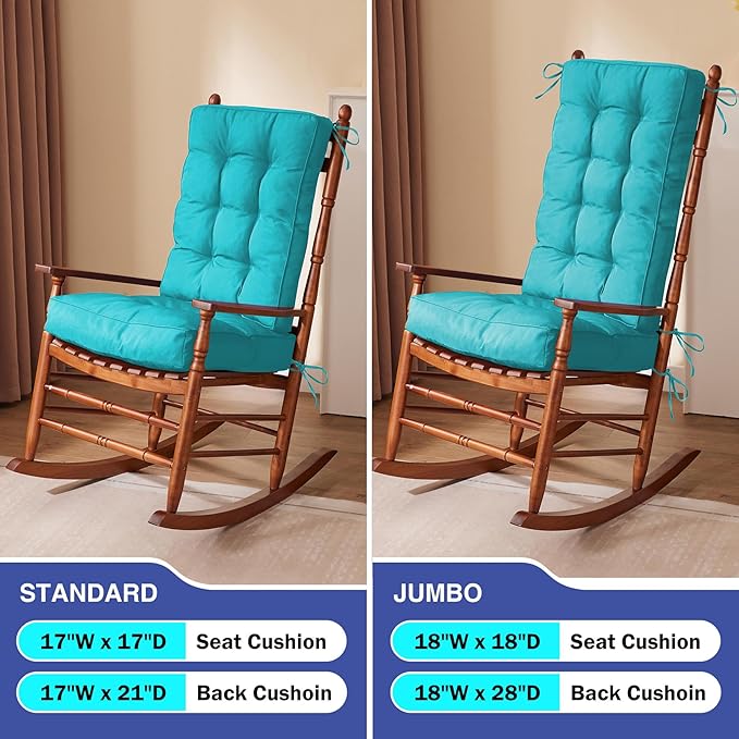 Rocking Chair Cushion, Waterproof and Fade-Resistant Patio Chair Cushions, Tufted Chair Pads for Rocker Furniture, 17x17 Inch, Indoor/Outdoor Seat Cushions with Ties, Teal Blue
