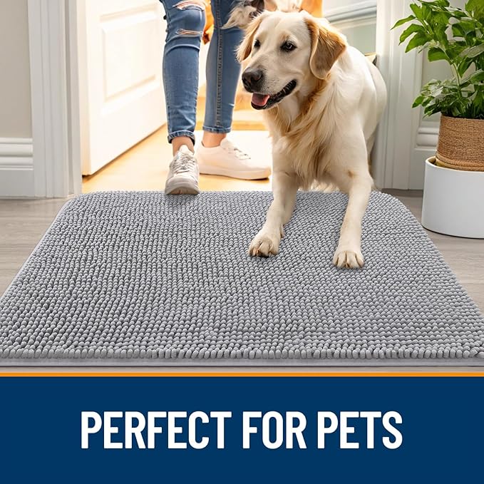 OLANLY Dog Door Mat for Muddy Paws 50x30, Absorbs Moisture and Dirt, Absorbent Non-Slip Washable Doormat, Quick Dry Chenille Mud Mat, Entry Indoor Entryway Carpet for Inside Floor, Light Grey