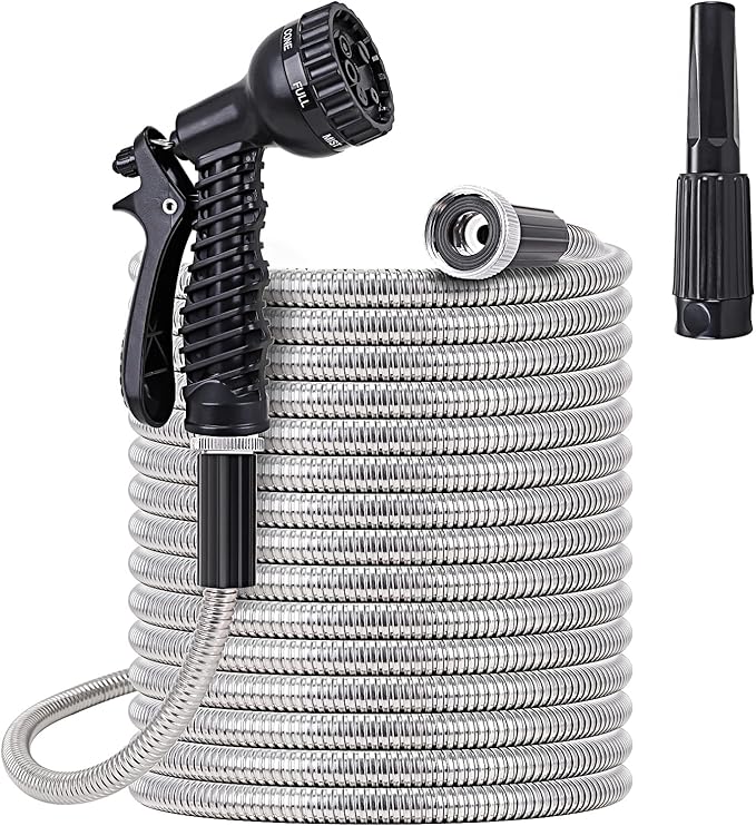 FOXEASE Metal Water Hose 100 ft - Stainless Steel Water Hose with 2 Nozzles, Lightweight, Tangle Free & Kink Free, Heavy Duty, High Pressure, Flexible, Dog Proof