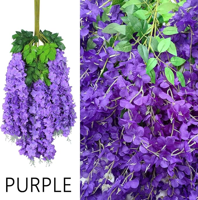 48pcs Artificial Wisteria Flowers 3.6 Feet/Piece Purple Dense Artificial Fake Wisteria Vine Ratta Hanging Garland Silk Flowers String Home Party Wedding Decor（Purple-Dense）