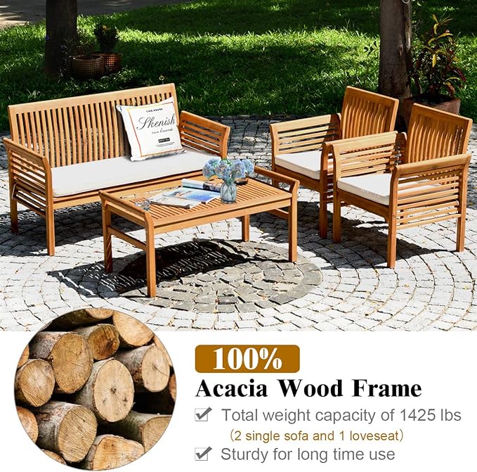 Tangkula 5 Piece Outdoor Acacia Wood Sofa Set with Wood Oil, Padded Patio Conversation Table Chair Set w/Coffee Table for Garden, Backyard, Poolside (Natural,2)