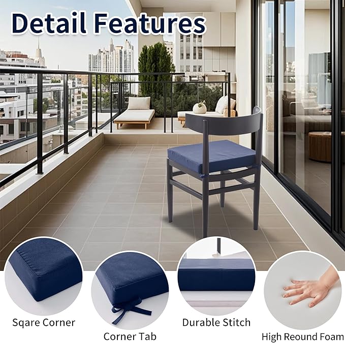 coolboss Outdoor Chair Cushions Set of 4, Outdoor Cushions for Patio Furniture, Water Resistant Chair Cushions for Outdoor Furniture Square Corner Patio Cushions with Non-Slip Ties, 18.5"x16"x3, Navy