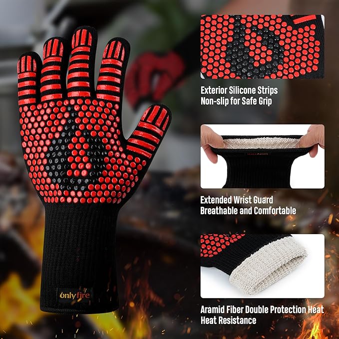 Onlyfire BBQ Gloves 1472°F Heat Resistant Grill Gloves Fireproof Oven Gloves for Cooking, Grilling, Barbecue, Smoker, Baking, Frying, Red