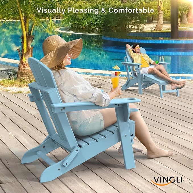 VINGLI Folding Adirondack Chair Set of 2 with Ottoman, Waterproof Plastic HDPE Firepit Chair for Outside with Hidden Footrests, Foldable Ergonomics Seating for Patio Porch Yard Garden(Blue)