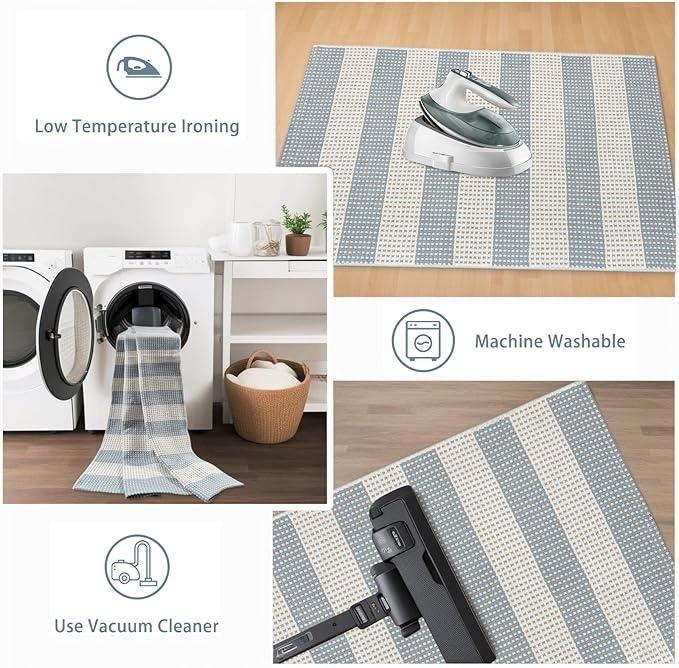 Boho Striped Outdoor Mats for Front Door 2'x4.3',Blue and Cream Washable Rug Runner,Cotton Hand Woven Indoor Outdoor Rugs,Foldable Farmhouse Layered Door Mats for Entryway