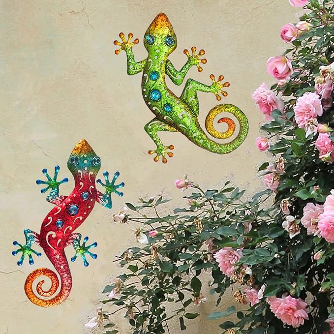 Metal Gecko Wall Art Metal Lizard Outdoor Wall Decor Suitable for Yard Fence Patio Garden Decor Country Farmhouse Decor Set of 2