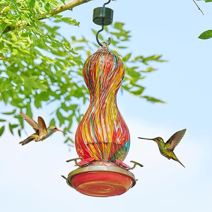 Hummingbird Feeder for Outdoors Hanging, Hand Blown Glass 24 OZ Capacity Hummingbird Bird Nectar Feeders with 4 Feeding Ports, Gifts for Women Mom Outside Garden Backyard Decor (Yellow-Green)