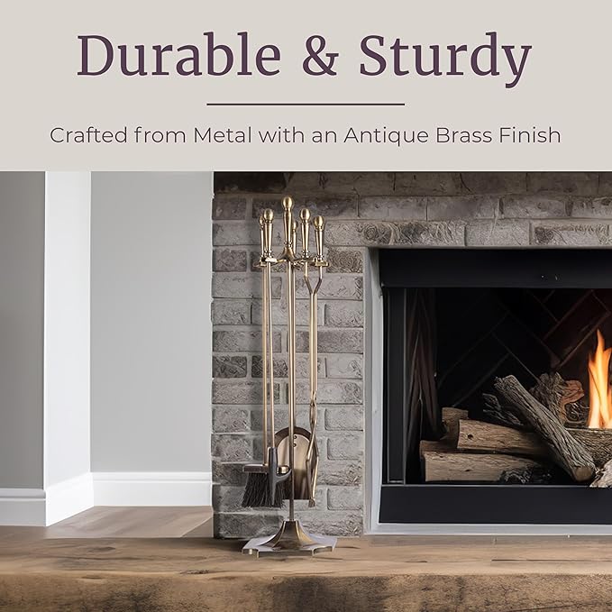 Lavish Home 5 Piece Fireplace Tools Set Indoor Outdoor - Fireplace Accessories Set with Poker,Tongs, Brush, Shovel, and Stand - Fire Tools for Fire Places, Firepits, and Woodstoves (Antique Brass)
