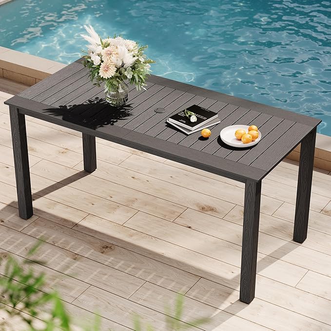 YEFU Outdoor Dining Table for 6: All Weather Rectangular Patio Table with Umbrella Hole and Aluminum Frame - Outdoor Furniture for Outside Backyard/Garden/Pool/Porch/Deck, 300lbs Capacity, Grey