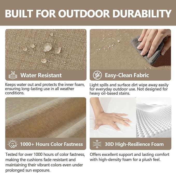 Goodgoods 24 x 28 Outdoor Patio Deep Seat Cushions 2-Pack, 1000+ Hours Fade-Resistant & Water-Resistant Outdoor Furniture Chair Cushions with 30D High-Resilience Foam for Sofa Chair, Toffee