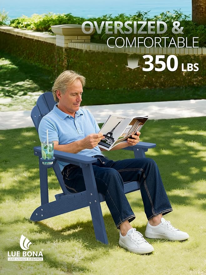 LUE BONA HDPE Adirondack Chairs Set of 2 - Weather Resistant Seating with Cup Holder for Porch, Poolside, Deck & Lake House, Blue