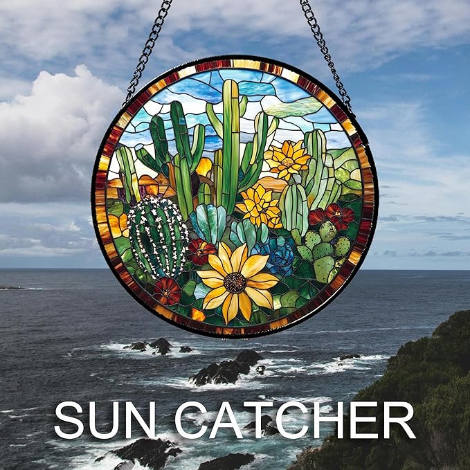 Stained Glass Window Hanging Green Cactus with Yellow Flowers 7.8" - Suncatcher Door Garden Sun Catcher Home Decor Birthday Christmas for Mom Men Woman Friend Nana