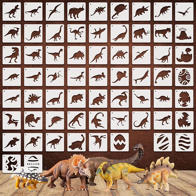Dinosaur Stencils for Painting, 64PCS 3 Inch Stencils for Crafts, Plastic Reusable DIY Drawing Templates for Painting on Wood Wall Fabric Canvas Furniture & More