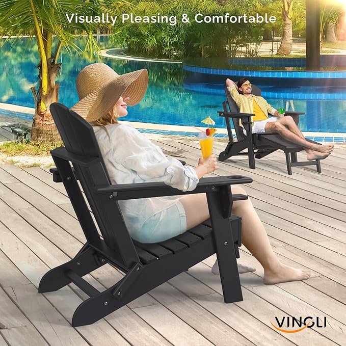 VINGLI Folding Adirondack Chair Set of 4 with Ottoman, Waterproof Plastic HDPE Firepit Chair for Outside with Hidden Footrests, Foldable Ergonomics Seating for Patio Porch Yard Garden(Black)