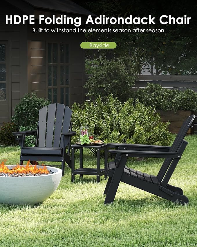 GREENVINES Folding-Adirondack-Chairs-Set-of-2 | HDPE Plastic | Fire Pit Chair | All Weather | Cup Holder | Black | for Deck Backyard Patio Outdoor Garden