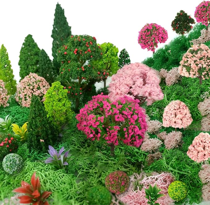 Mixed Model Trees, Model Train Scenery, 37Pcs, Miniature Trees with Moss for Building Model, Natural Green Landscape, Railroad Scenery