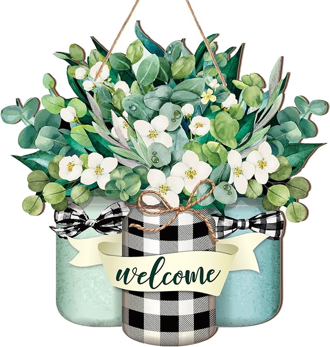 Karenhi Welcome Wooden Sign for Front Door Wooden Hanger Summer Door Sign Wood Spring Hanging Decorations Farmhouse Porch Decor for Outdoor Housewarming Gift(Welcome)