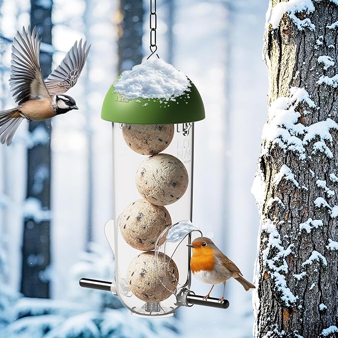 LONA Suet Ball Bird Feeder Outdoor Hanging Fat Ball Feeders with Versatile Mount Durable Weatherproof Washable Transparent Tube Wire Steel Metal Feeder for Wild Birds