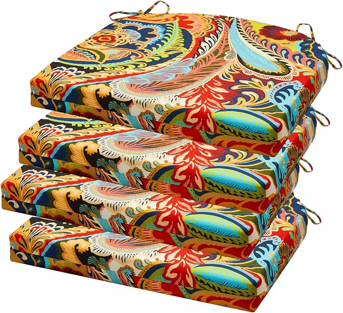 Outdoor Chair Cushions Set of 4, 17x16x2 Inch, Patio Furniture Cushions, Water Resistant, Non-Slip Ties (Paisley)