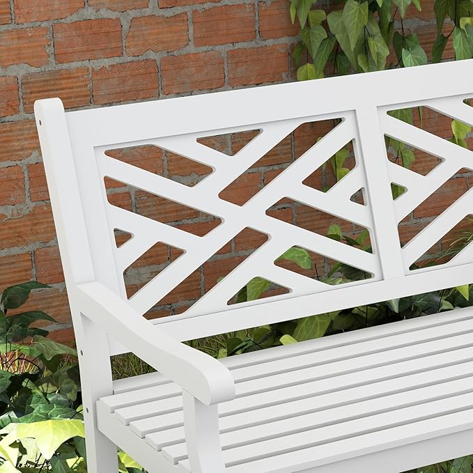 Outsunny Outdoor Garden Bench, Wooden Frame Patio Bench with Geometric Pattern, 43.25 Inch Weatherproof 2-Person Love Seat for Garden, Lawn, Porch, Yard, Work Entryway, White