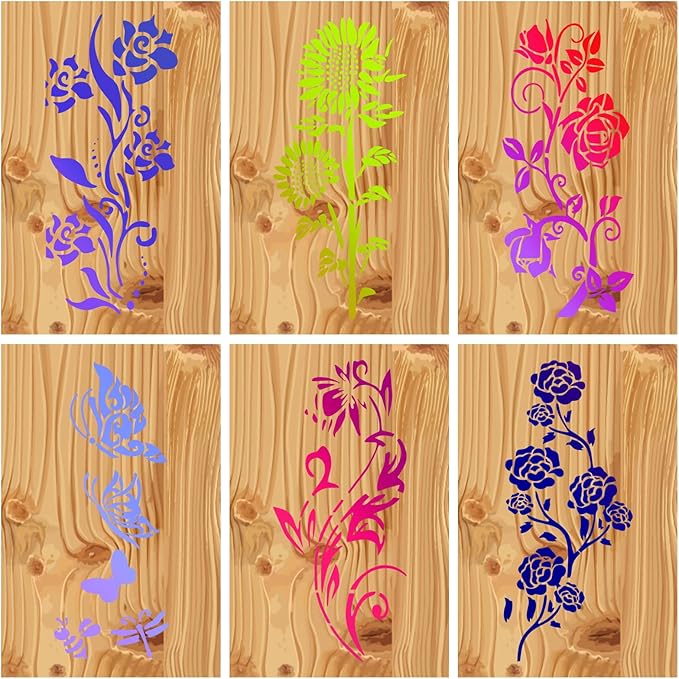 6pcs Garden Fence Large Flower Stencils, Flower Painting Wood Template Floral Drawing Stencils Wall Stencils for Crafts Reusable Outdoors Wall Decoration Home Floor Decor Drawing Supplies