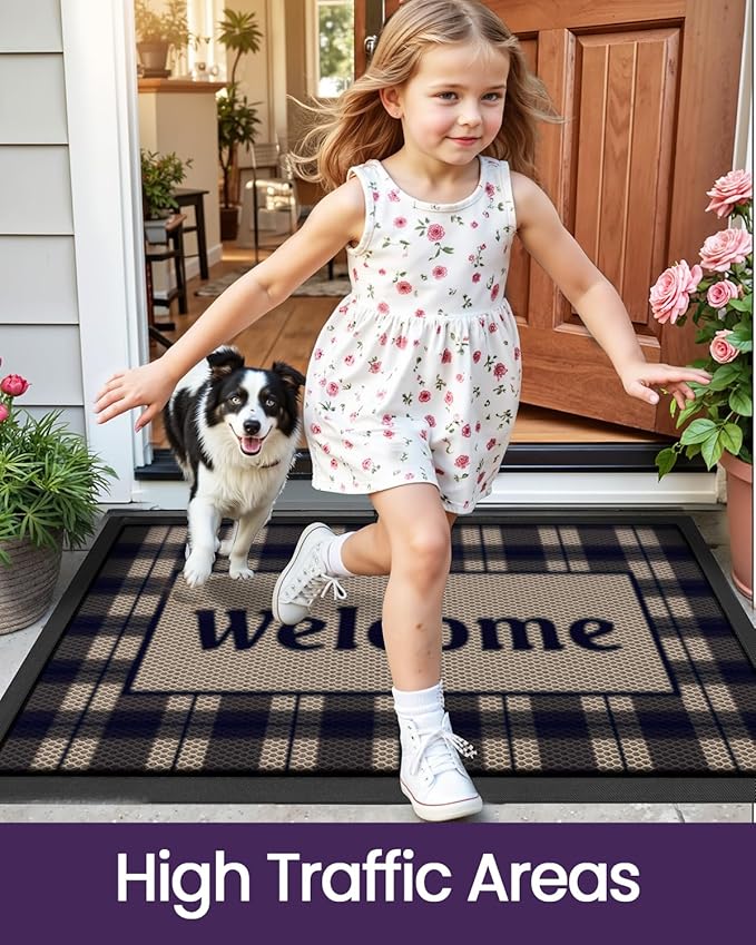 DEXI Front Door Mat Outside Entrance, Welcome Entryway Doormat Dirt Trapper, Heavy Duty Non Slip Entry Mats for Patio Garage Porch Home Decorative, 24x36, Checkered Beige