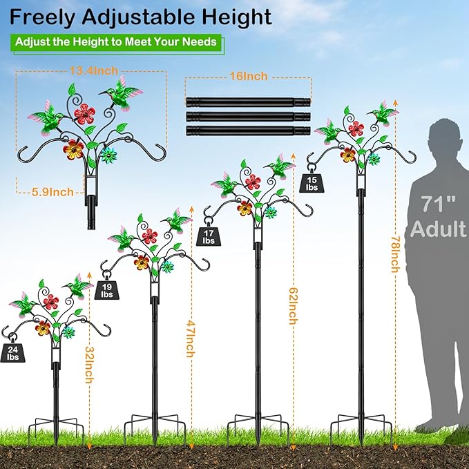 Double Shepherds Hooks for Outdoor, 78 Inch Bird Feeder Pole with 5 Prongs Base, Adjustable Heavy Duty Plant Hangers Hummingbird Art for Outdoor Plants Hummingbird Feeder Hanging Baskets Lantern