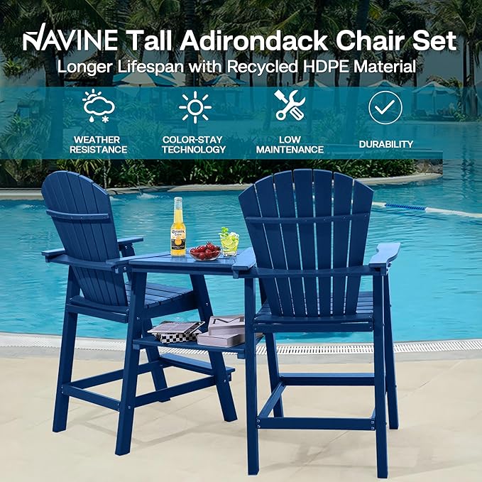 Tall Adirondack Chairs Set of 4, HDPE Balcony Chair with Double Connecting Tray, Weather Resistant Outdoor Adirondack Bar Stools for Patio, Deck, Patio, Backyard, Balcony. (Navy Blue)