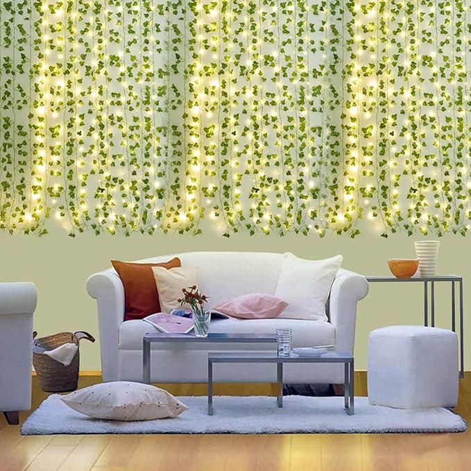 12 Packs Artificial Ivy, 84FT Garland Hanging Plants Fake Vines with 200 LED String Light for Bedroom Wedding Party Garden Wall Room Home Decor