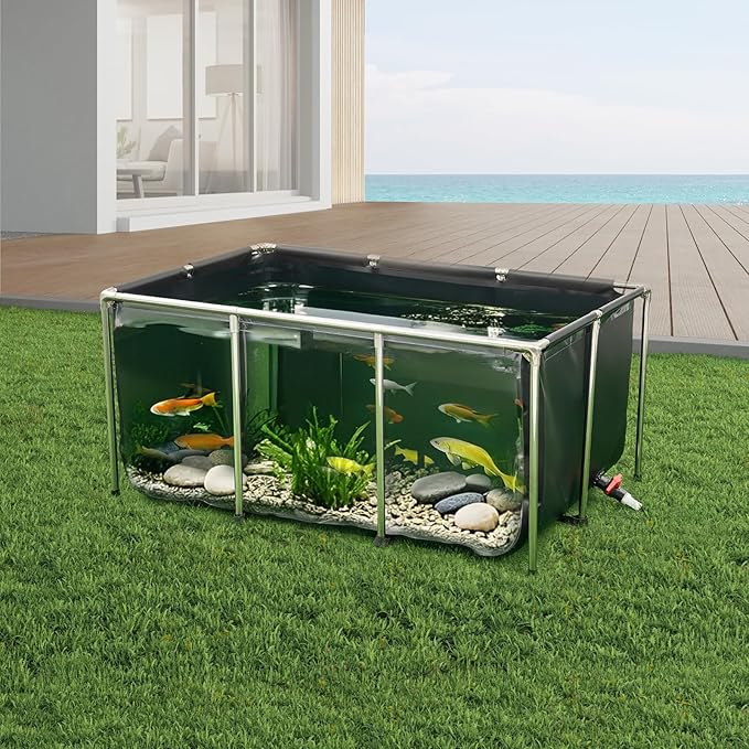 VEVOR Canvas Fish Pond, 270 Gal Above Ground Fish Pond, PVC Koi Tank with Clear Viewing Panel, Rectangular Goldfish Tank with Stainless Steel Frame & Drain Valve, for Breeding Koi, Irrigation(Black)
