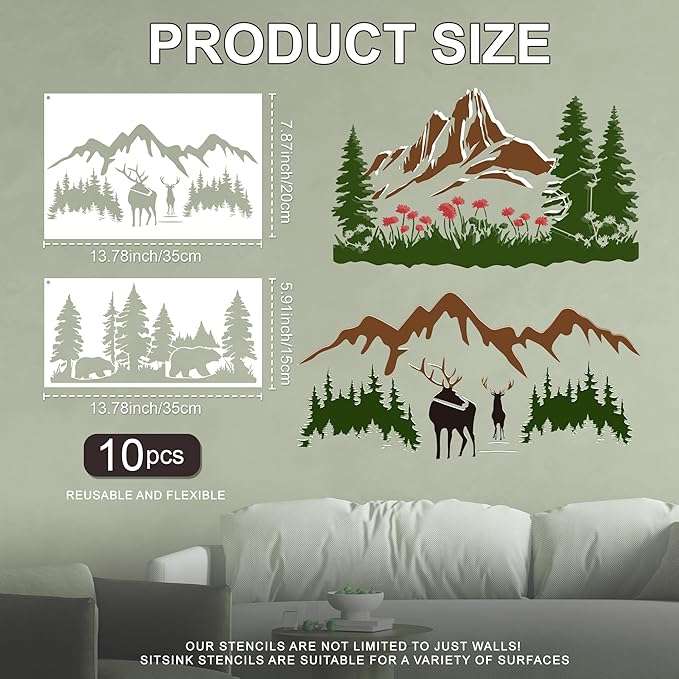 Forest Stencils for Painting on Wood - Reusable Reindeer Mountain Scenery Stencils for Crafts Decorating Wall Fence Door Garden Fabric