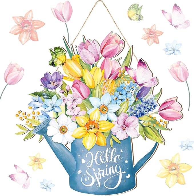 Juexica Spring Decorations for Home Spring Wreaths for Front Door Flower Sign Easter Door Hanger Decorations Rustic Flower Wall Decor for Easter Party Outdoor Indoor Decor