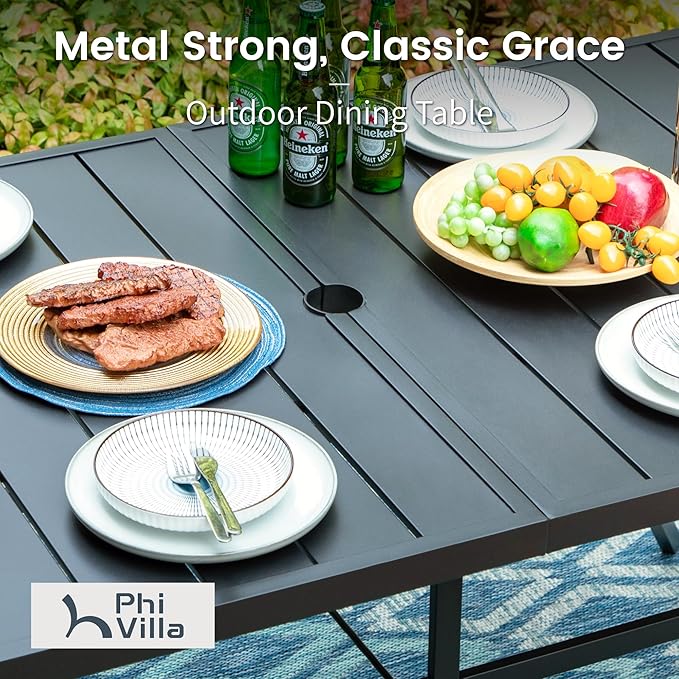PHI VILLA 7 Pieces Outdoor Dining Set for 6, Rectangular Metal Steel Table with Umbrella Hole & Stacking Iron Chairs with Cushions, Large Furniture Set for Patio, Deck, Yard, Porch