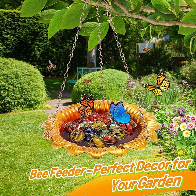 Bee Feeder with Vivid Sunflower Design - Anti-Rust Iron Bee Watering Station for Feeding, Colorful Butterfly Bath Bowl Cup with 15 Glass Marbles for Outdoor Yard Garden Decor Gifts (Gold)