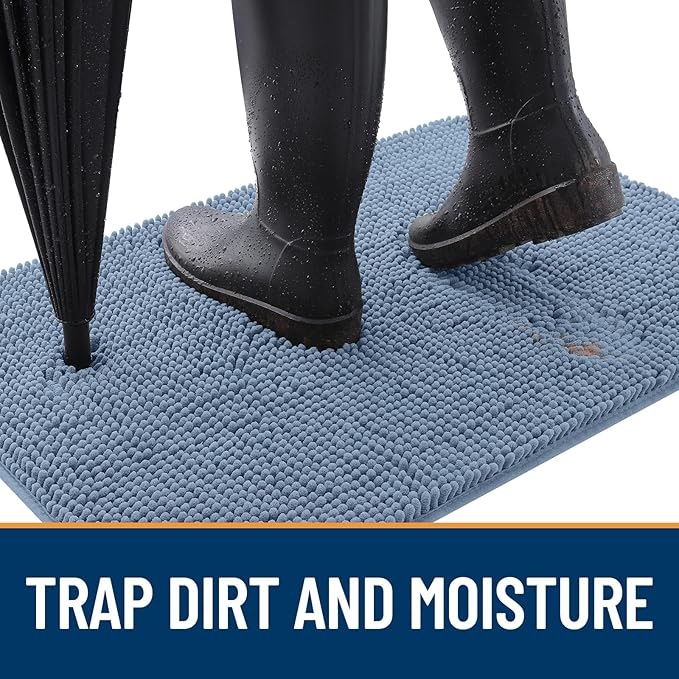 OLANLY Dog Door Mat for Muddy Paws 70x35, Absorbs Moisture and Dirt, Absorbent Non-Slip Washable Doormat, Quick Dry Chenille Mud Mat for Dogs, Entry Indoor Entryway Carpet for Inside Floor, Airy Blue