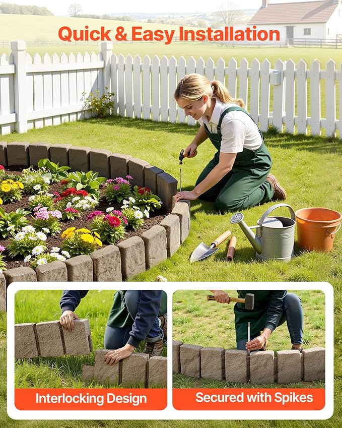 VEVOR Faux Stone Landscape Edging, No Dig Garden Edging Border, Flexible Blocks for Lawn Edging, Flower Beds, Driveway, Yards with 12 Spikes, 4 Pack 24 Bricks 16FT Kit, 47.2" Lx 4" W x 9" H, Beige