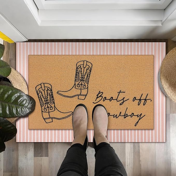 Tinideya 2 Pcs Fall Door Mat Western Cowboy Welcome Non Slip Coir Mats Pink Stripe Floor Layering Doormats Seasonal for Front Porch Entryway Decor(Cowboy)