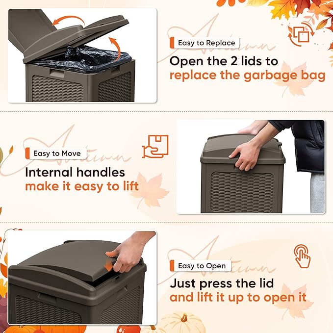 YESHOMY 33 Gallon Resin Outdoor Trash Can with Lid, Hideaway Waterproof Patio Garbage Bin, Brown