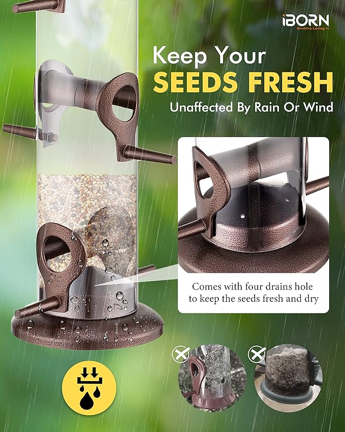 iBorn Metal Bird Feeder Hanging Wild Bird Seed Feeder for Mix Seed Blends Heavy Duty All Metal Coffee Finish,15 Inch 6 Port,Pack of 2