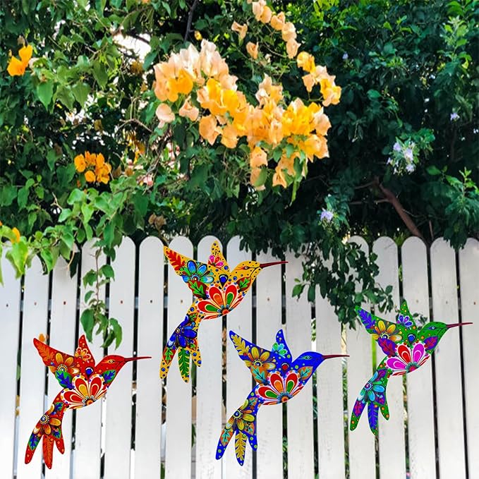 Outdoor Metal Wall Art Garden Decor for Outside Colorful Hummingbird Fence Art - (Set of 4,ColorF)