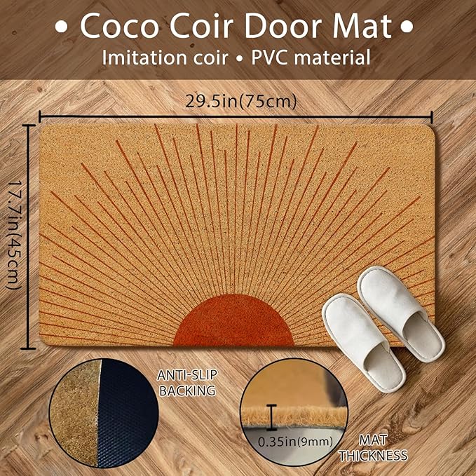 Nogrit Retro Boho Coir Neutral Sun Sunrise Sunset Mid Century Modern Soft Rugs Anti-Slip Door Mat 17x30 Non-Slip Coir Doormat for Doormat Indoor Entrance Door Mat Entryway Indoor Entrance