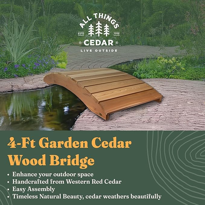 All Things Cedar Wooden Bridge, Outdoor Garden Walkway with Side Rails, 4', Natural