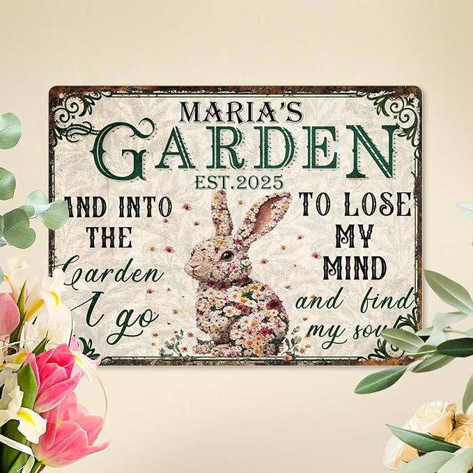 Custom Garden Signs Personalized Metal Tin Sign for Women, Retro Funny Rabbit Metal Sign for Outdoor, Patio, Yard Rustic Home Decor Gift for Mothers Day, Grandmas, and Gardening Lovers