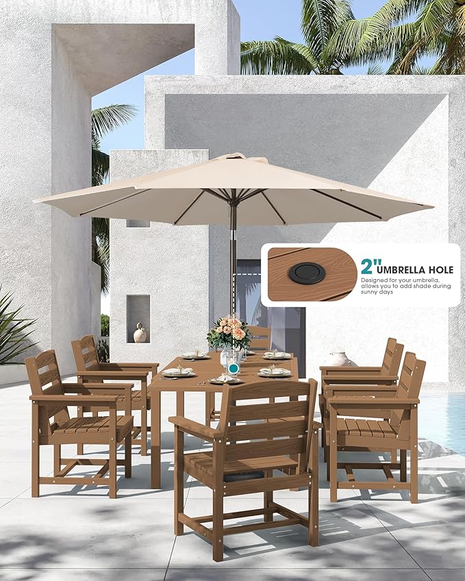 SERWALL 5-Piece Outdoor Table and Chairs, 60" - 83" Expandable Outdoor Dining Table with Aluminum Frame & HDPE Tabletop, All Weather HDPE Patio Furniture Set for Backyard, Garden, Brown