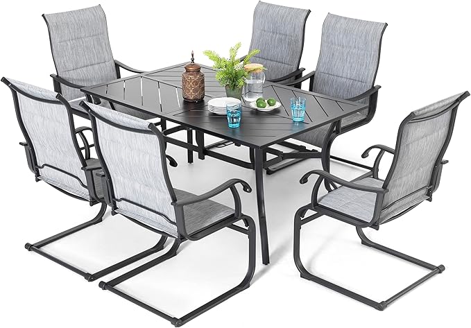 NUU GARDEN 7 Piece Outdoor Dining Set, 6 All Weather Padded Textilene Patio Chairs and 61" Rectangular Dining Table with 1.77" Umbrella Hole, for Garden, Patio, Light Grey and Black