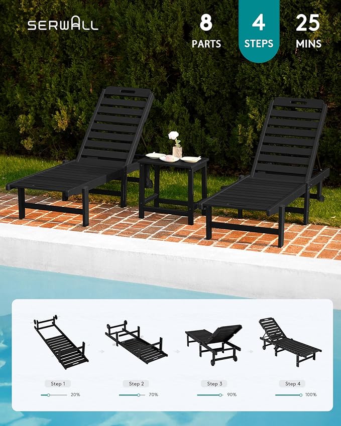 SERWALL Patio Chaise Lounge Chair, HDPE Outdoor Lounge Chair with Cup Holder, 5 Positions Adjustable Poly Lounger with Rolling Wheels for Poolside, Deck, Sunbathing, Black