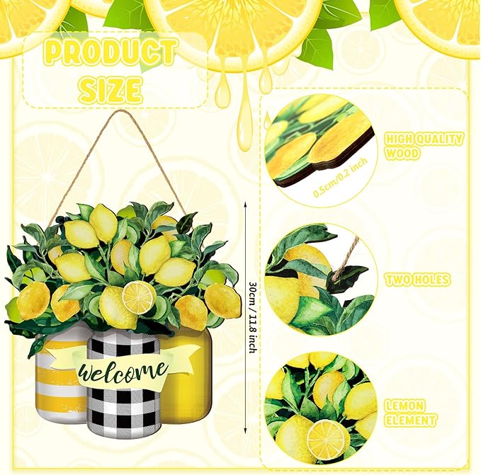 Karenhi Lemon Welcome Wooden Sign for Front Door Lemon Wooden Hanger Summer Door Sign Wood Spring Hanging Decorations Farmhouse Porch Decor for Outdoor Housewarming Gift