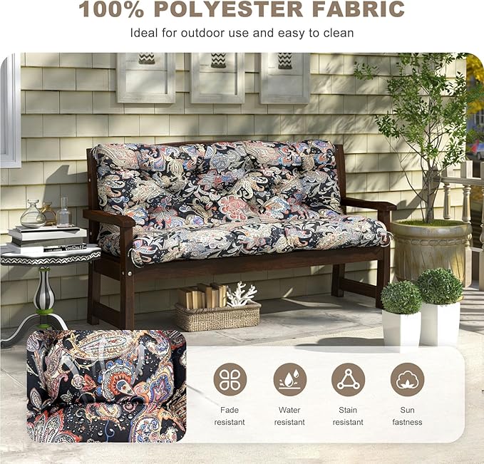 Porch Swing Cushion with Backrest,Waterproof Bench Cushion for Outdoor Furniture,2-3 Seater Replacement Thickened Swing Cushion with Ties,Patio,Outdoor,Backyard and Garden (Vintage Paisley,40x40")